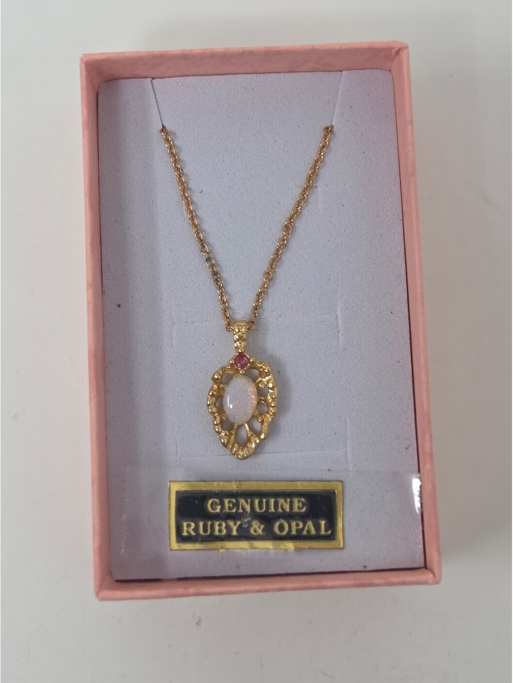 Ruby and Opal Pendant Necklace Gold Tone Chain With Presentation Box Gift